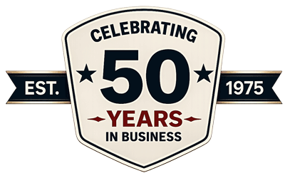 50 years in business anniversary logo with stars and EST. 1975 text