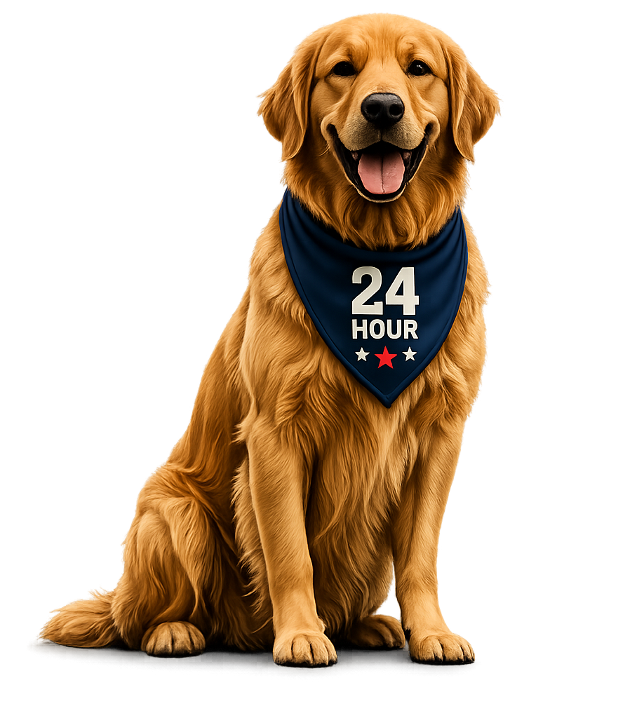 Golden retriever wearing a navy bandana with &ldquo;24 HOUR&rdquo; text and stars