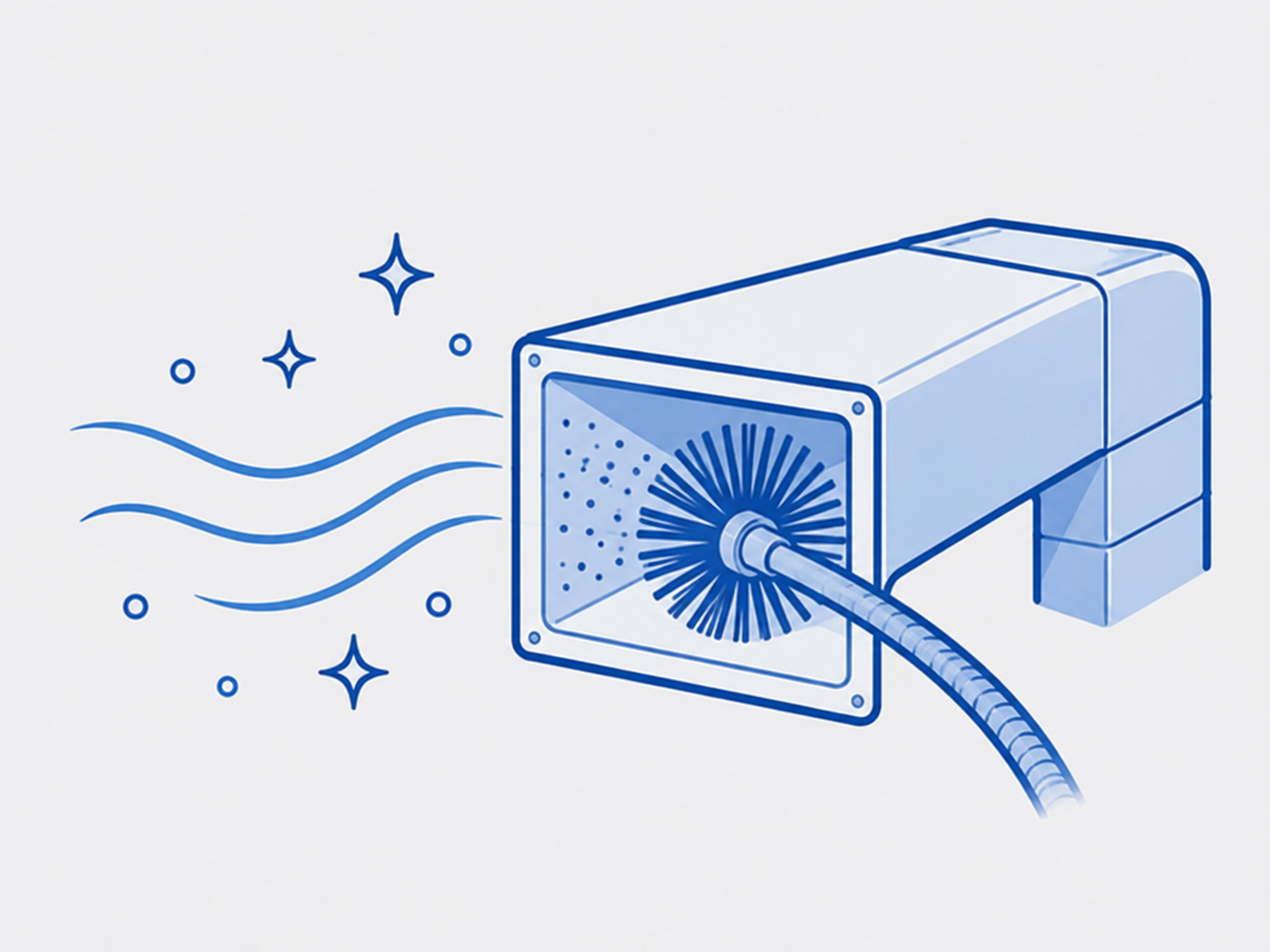 Blue line-art illustration of a flexible duct connected to a rectangular ventilation unit.