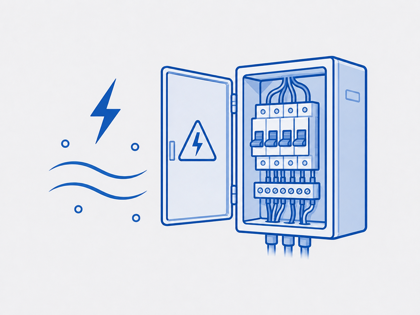 Blue line-art illustration of an open electrical control cabinet with lightning symbol