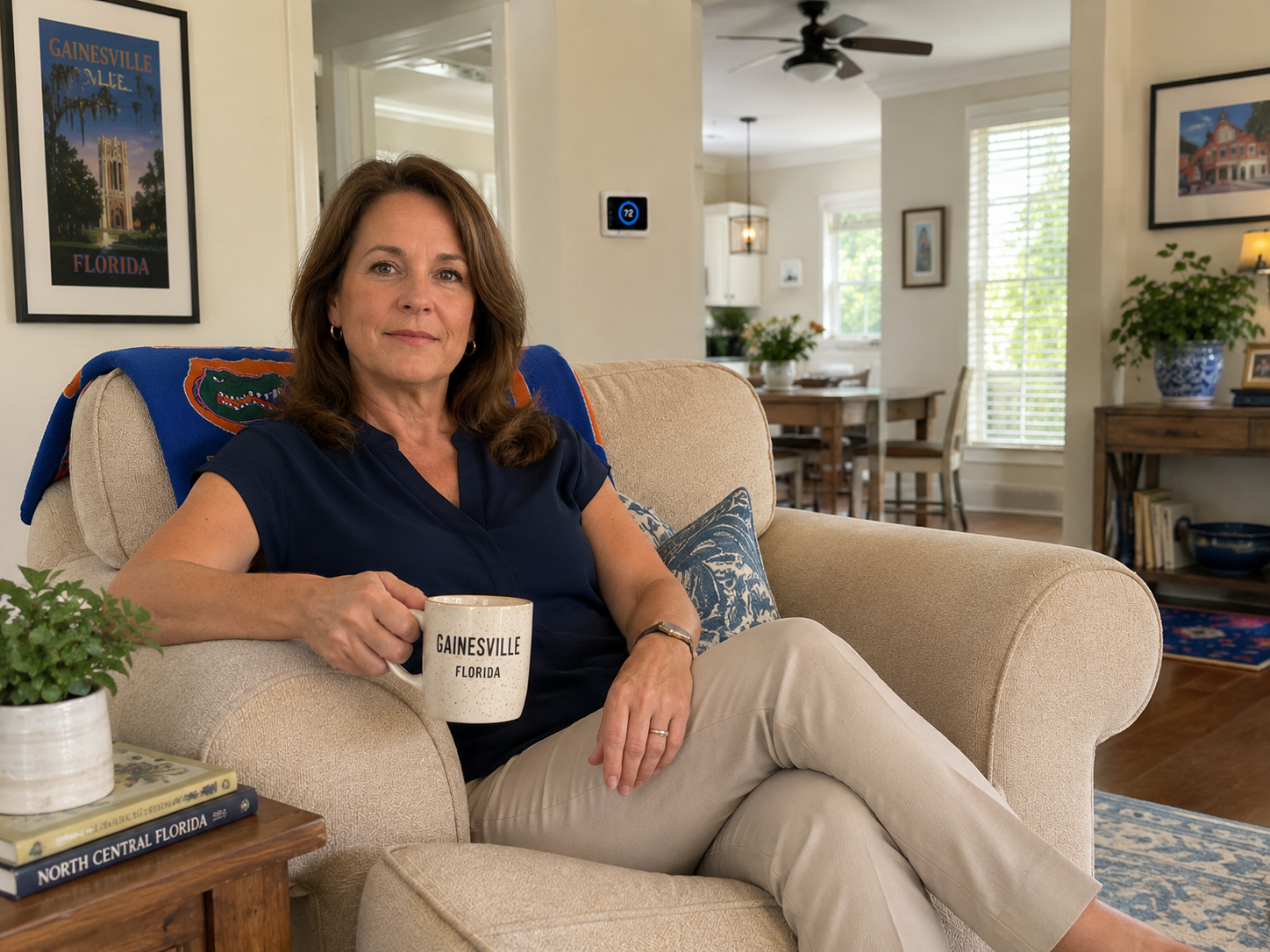 Woman in Gainesville, Florida relaxing in a beige armchair, holding a mug in a bright living room.