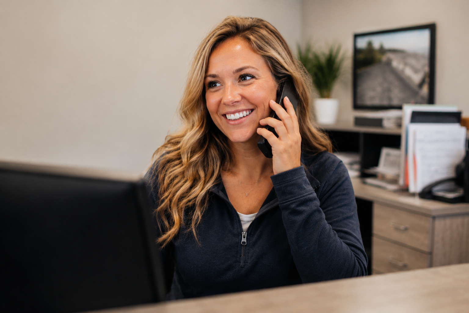 Smiling woman on a phone call while working at a laptop in an office.
