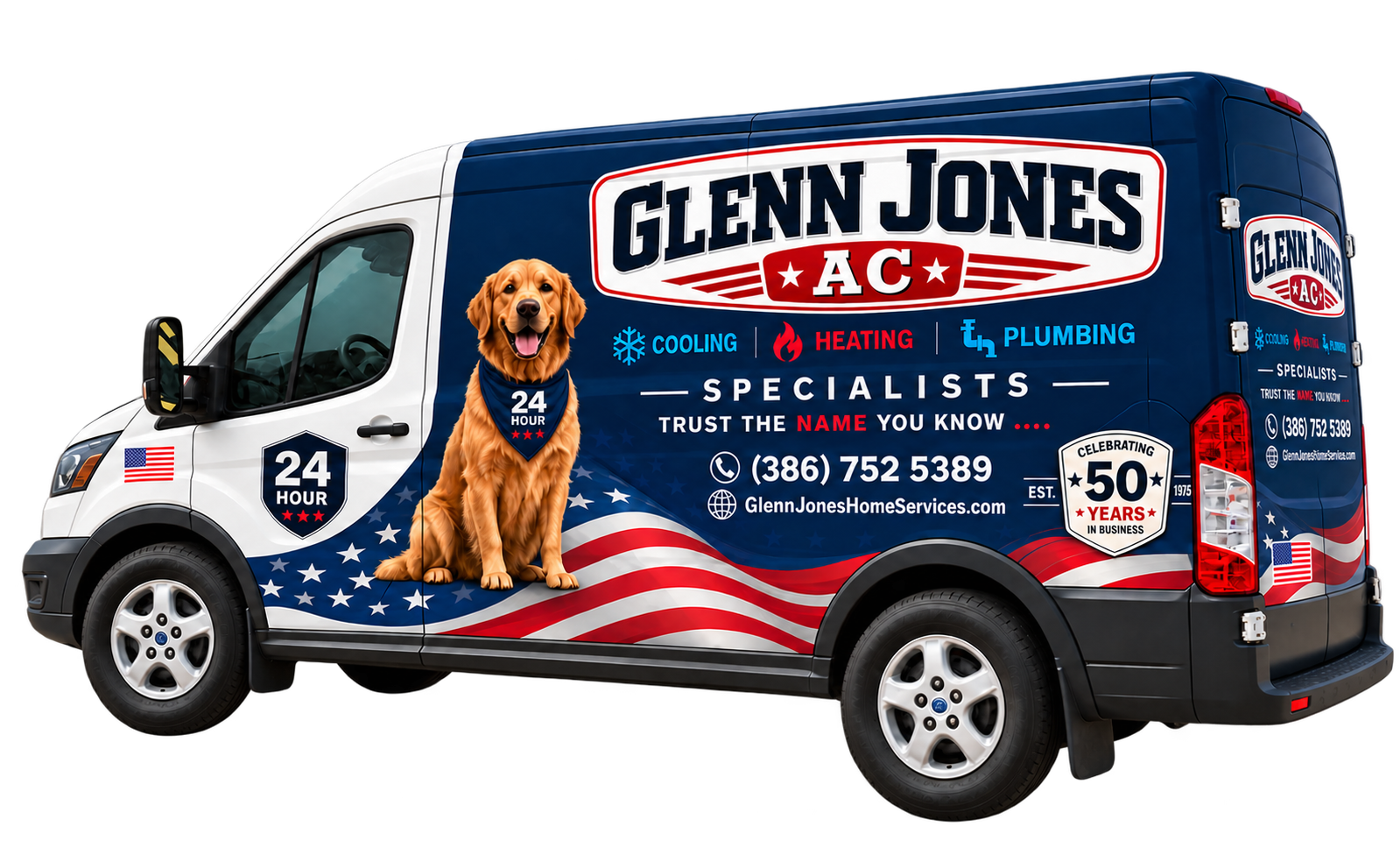 Glenn Jones AC &amp; Heating service van featuring an American flag design and dog mascot