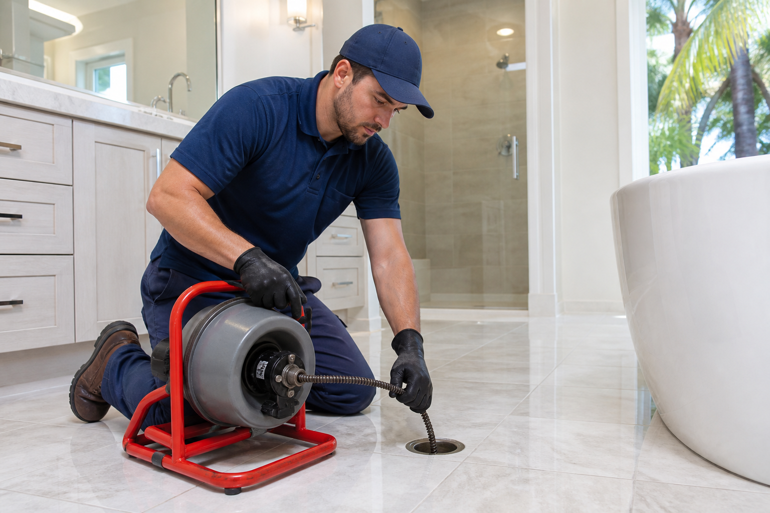 Plumber using a professional drain cleaning machine in a bathroom