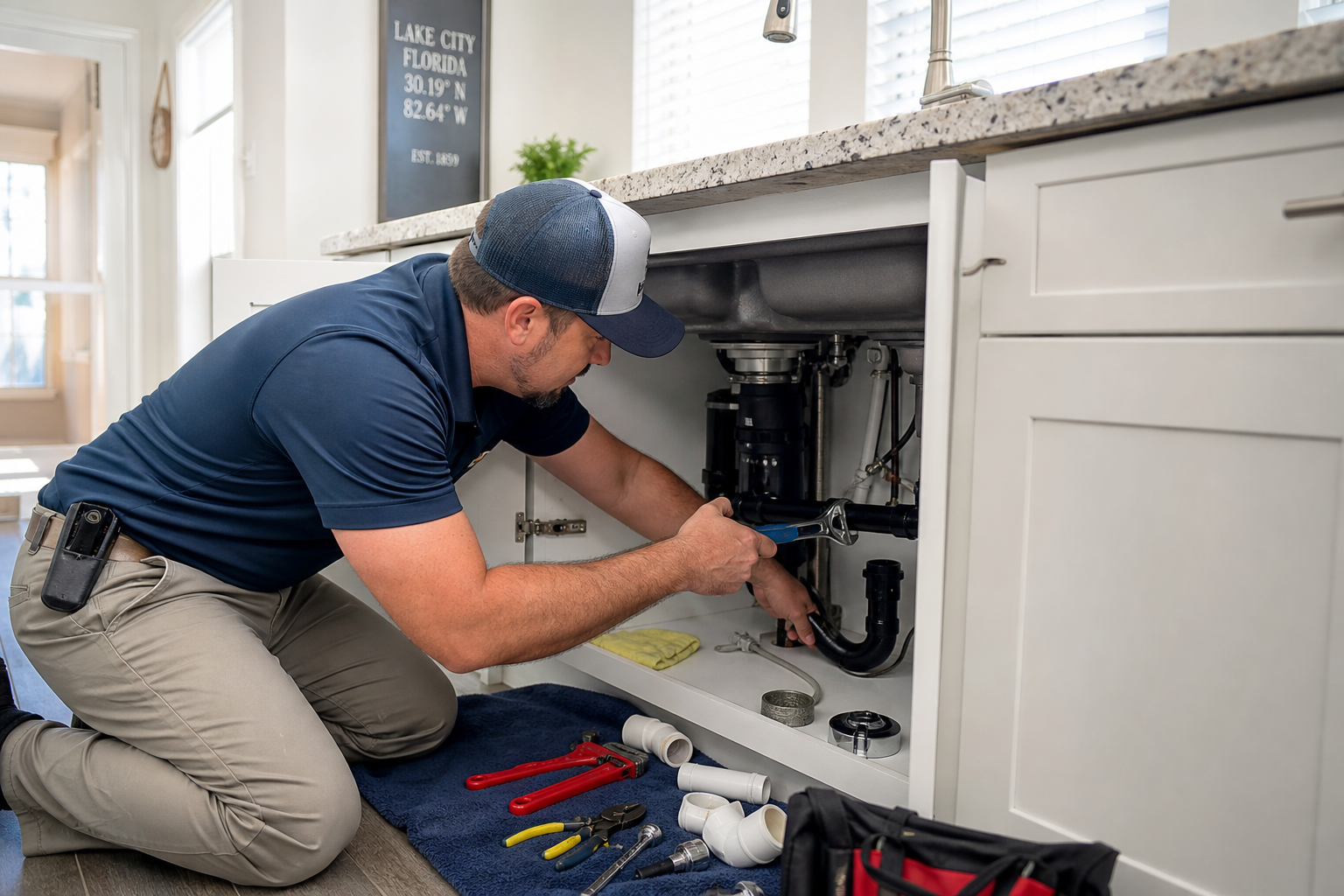 Plumber repairing the pipes under a kitchen sink