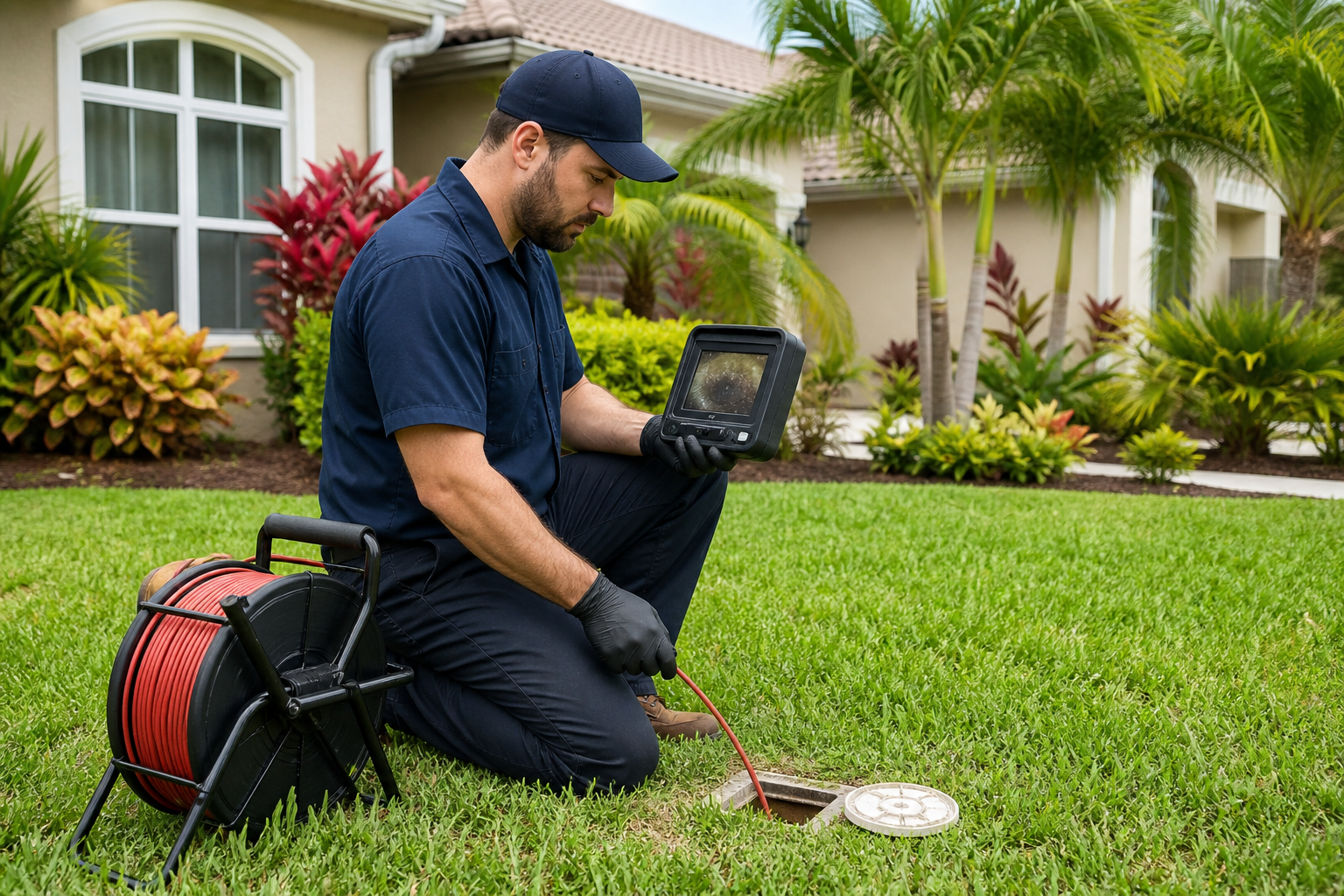Plumber performing a sewer line camera inspection outside a home