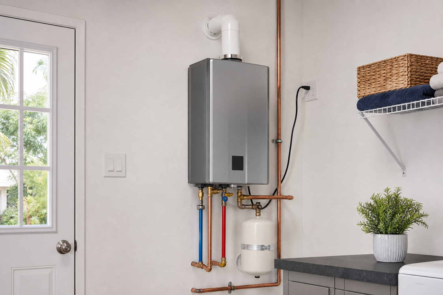 Wall-mounted tankless water heater in a home utility room