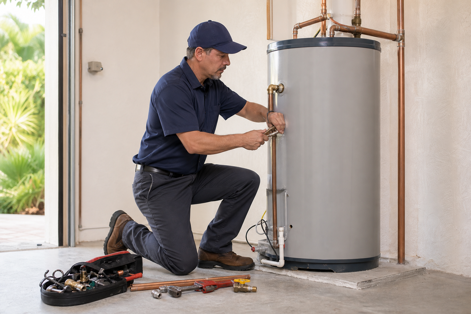 Plumber installing a new tank water heater in a home garage