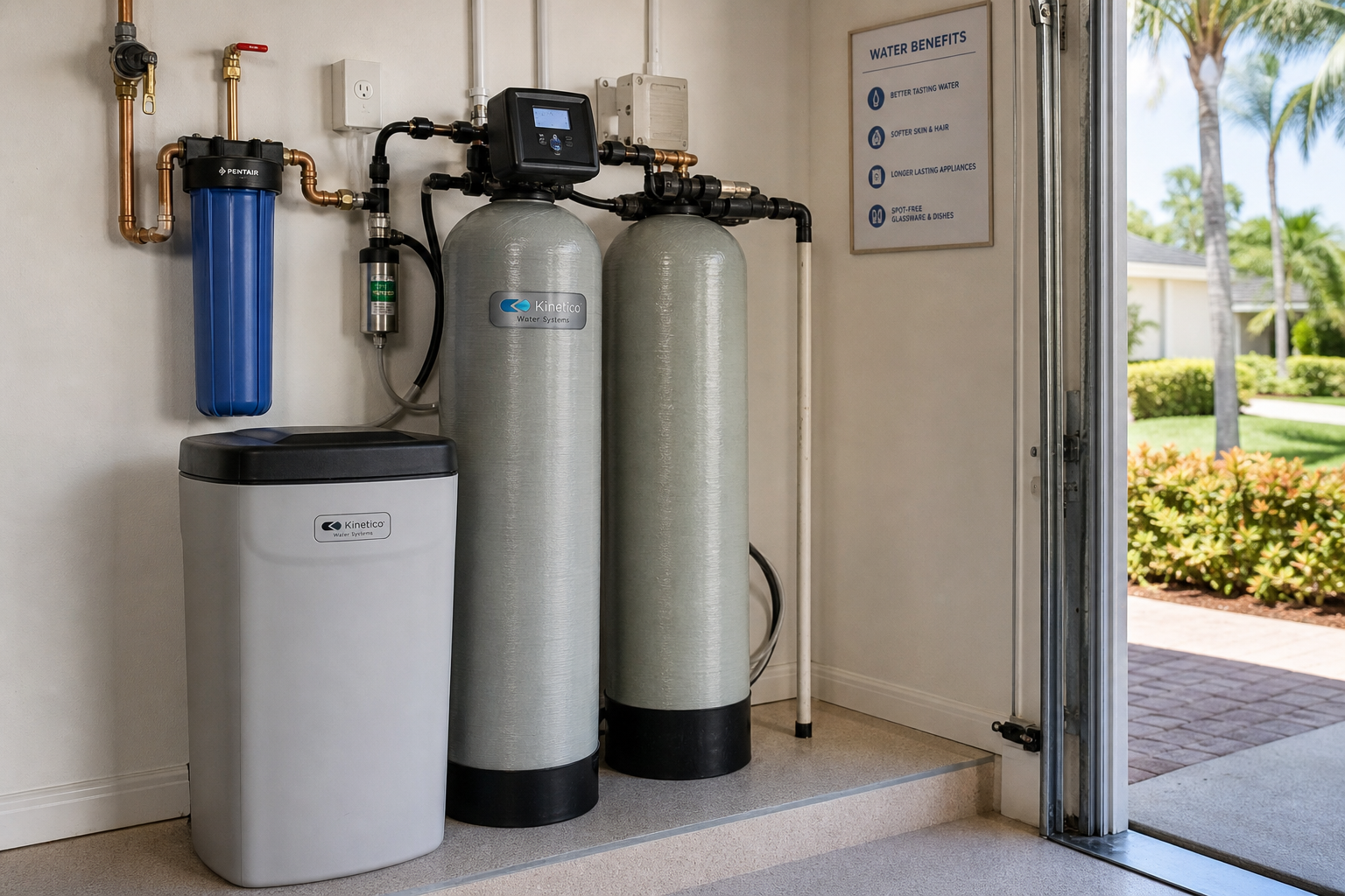 Water softener and whole-house filtration system in a home garage